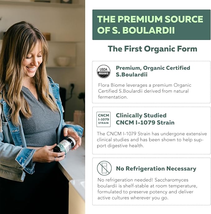 Organic Saccharomyces Boulardii - 10 Billion CFU - Clinically Validated CNCM I-1079 Probiotic Strain - Gut Digestion &amp Healthy Bowel Support - First Organic Form of S. Boulardii Probiotic - 60 Co