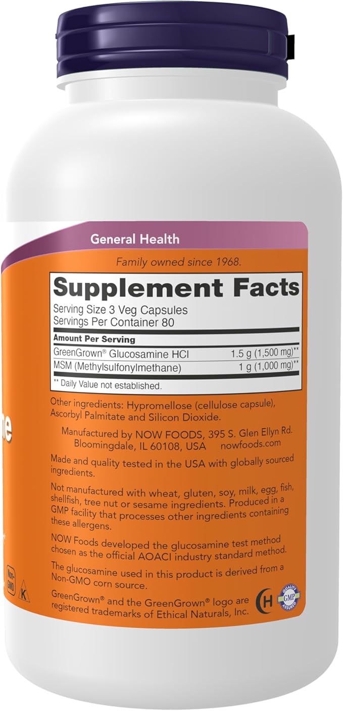 NOW Foods Supplements Glucosamine &amp MSM (GreenGrown® Glucosamine) Vegetarian 240 Veg Capsules