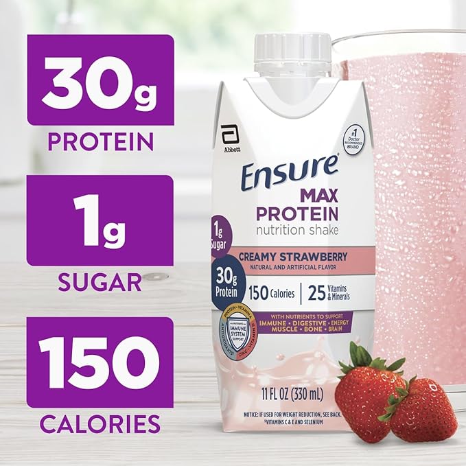 Ensure Max Protein Shake | Creamy Strawberry | Ready to Drink | 30g Protein for Muscle Health | 1g Sugar 4g Fiber | 11 fl oz Bottle 12 Pack