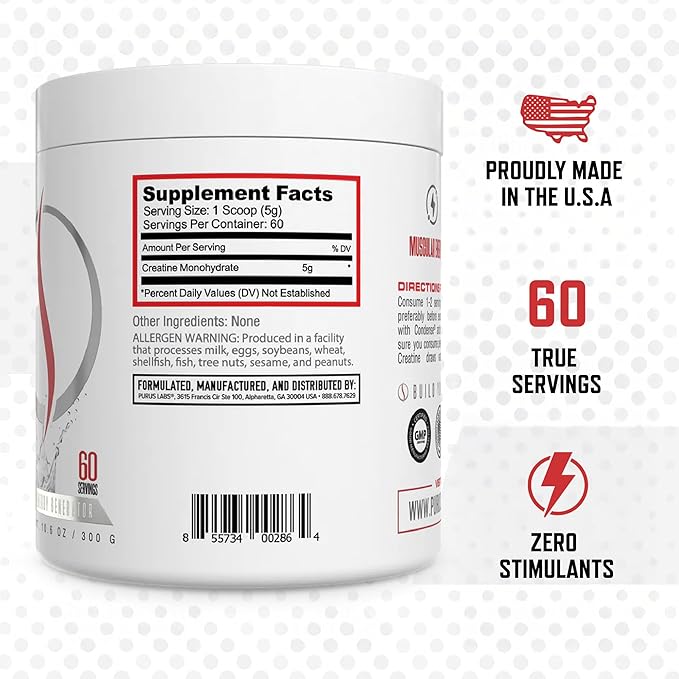 Purus Labs Foundation Series Creatine Powder | 100% Ultra Pure Micronized Creatine for Strength Mass Power Recovery | 60 Servings (Unflavored)