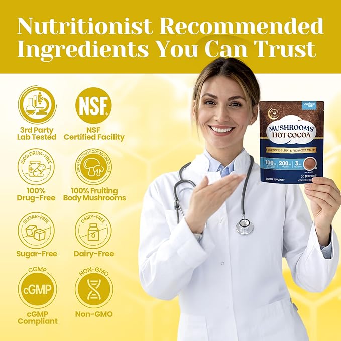 Venture Pal Hot Cocoa with Mushrooms Sleep Support Formula with Melatonin 3mg Reishi Magnesium Glycinate Sugar Free 30 Servings