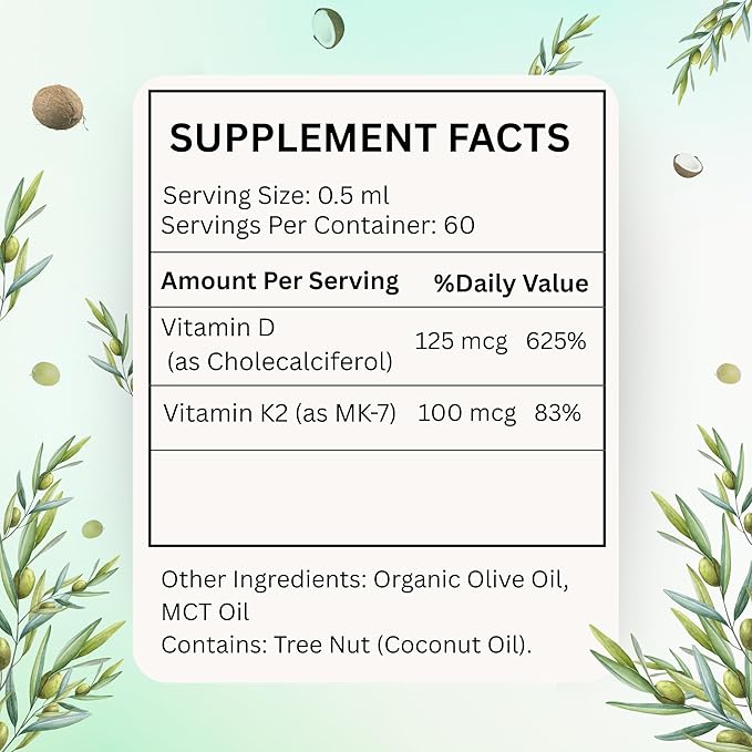 Liposomal Vitamin D3 K2 (MK-7) Liquid Drops with MCT and Olive Oil | Vitamin D3 5000iu | Bone &amp Heart Health | Immune &amp Joint Support Supplement | Maximum Absorption| Made in USA