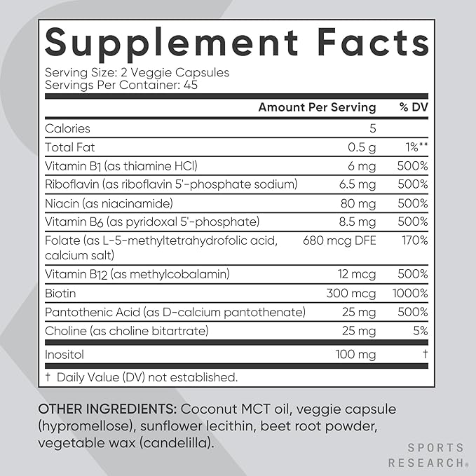 Sports Research Vitamin B-Complex - Full Spectrum of B Vitamins - 90 Liquid Veggie Capsules