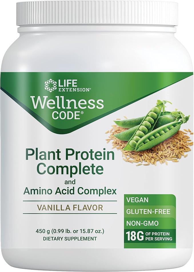 Life Extension Wellness Code® Plant Protein Complete &amp Amino Acid Complex (Vanilla) Plant-Based Protein Powder Plus branched-Chain Amino acids Gluten-Free Non-GMO Vegetarian 450 Grams