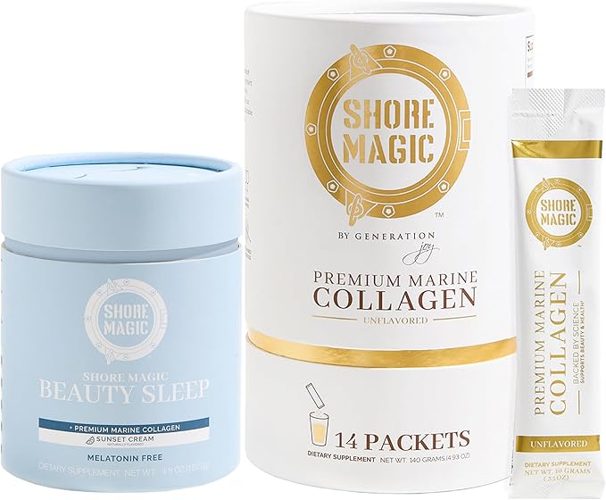 Shore Magic 14-Day Marine Collagen Packets + Beauty Sleep Formula – Types I-IV Hydrolyzed Collagen for Skin Hair &amp Nails with Nighttime Relaxation Support – Unflavored Travel-Friendly