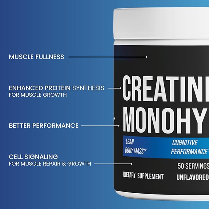 Creatine Monohydrate - Pure &amp Unflavored Creatine Powder - Vegan Gluten Free No Additives Non-GMO - Easy-Mix Formula for Strength &amp Performance Support - 5 g per Serving - 50 Servings