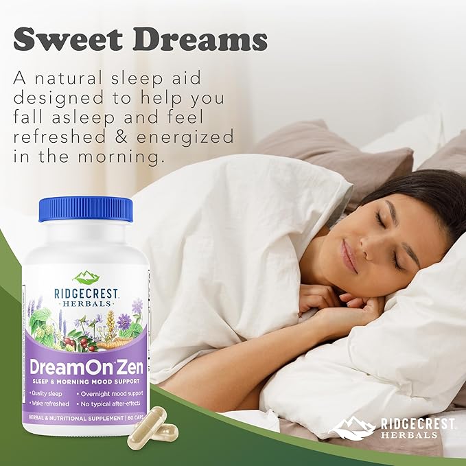 Ridgecrest Herbals DreamOn Zen Sleep Support Supplement Melatonin Free Magnesium 5-HTP Lavender Chamomile Valerian Lemon Balm for Adults and Children 12+ (60 Caps 30 Serv)