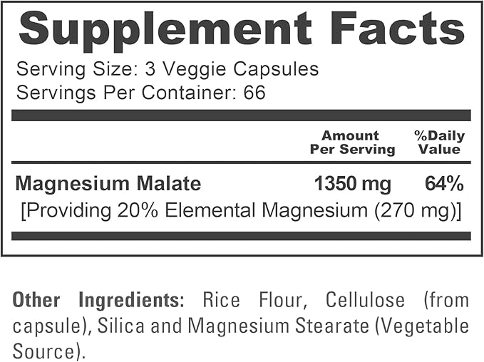 NusaPure Magnesium Malate 1350mg 200 Veggie Capsules (Vegan Non-GMO Vegan)