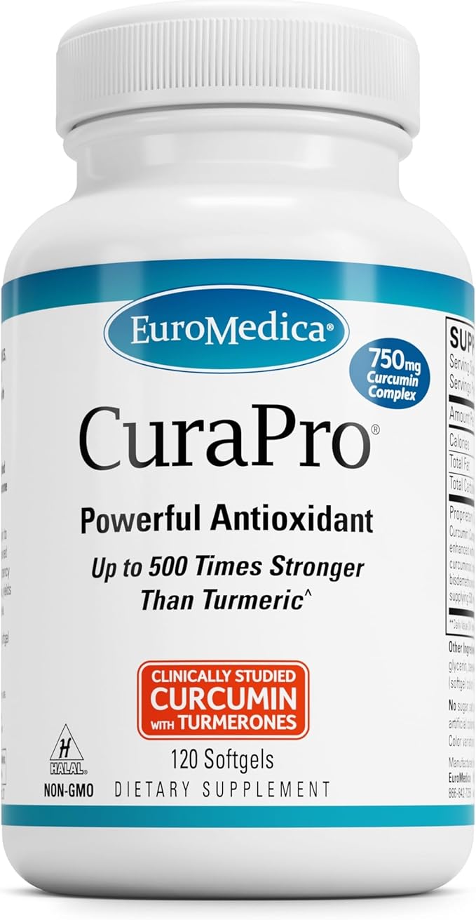 EuroMedica CuraPro 750 mg - Liver Heart &amp Brain Health Support - Turmeric Essential Oil for Immune System &amp Antioxidant Support - Up to 500x Stronger Than Turmeric - Non-GMO - 120 Softgels