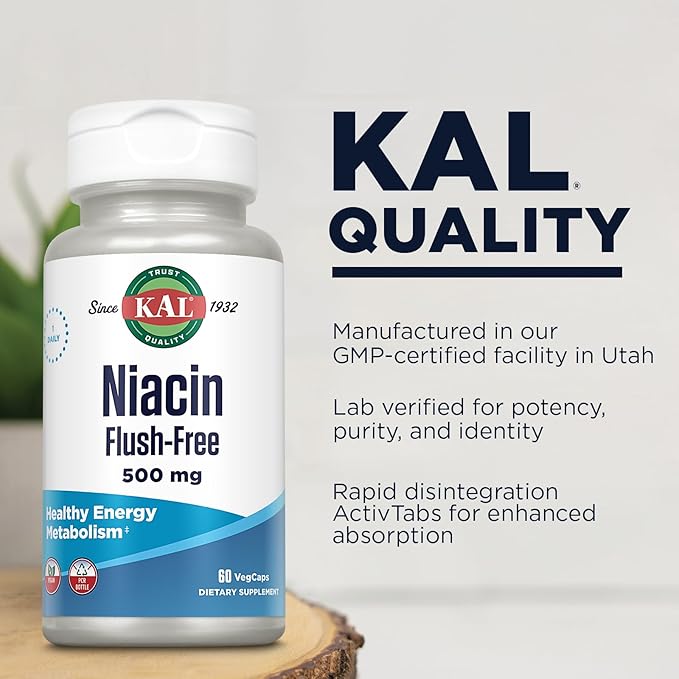 KAL Niacin 500mg Flush Free - Vitamin B3 Supplement - Metabolism and Energy Support - Skin Nerve Digestive Health and Circulation Support - Vegan Vitamin 60-Day Guarantee 60 Servings 60 VegCaps