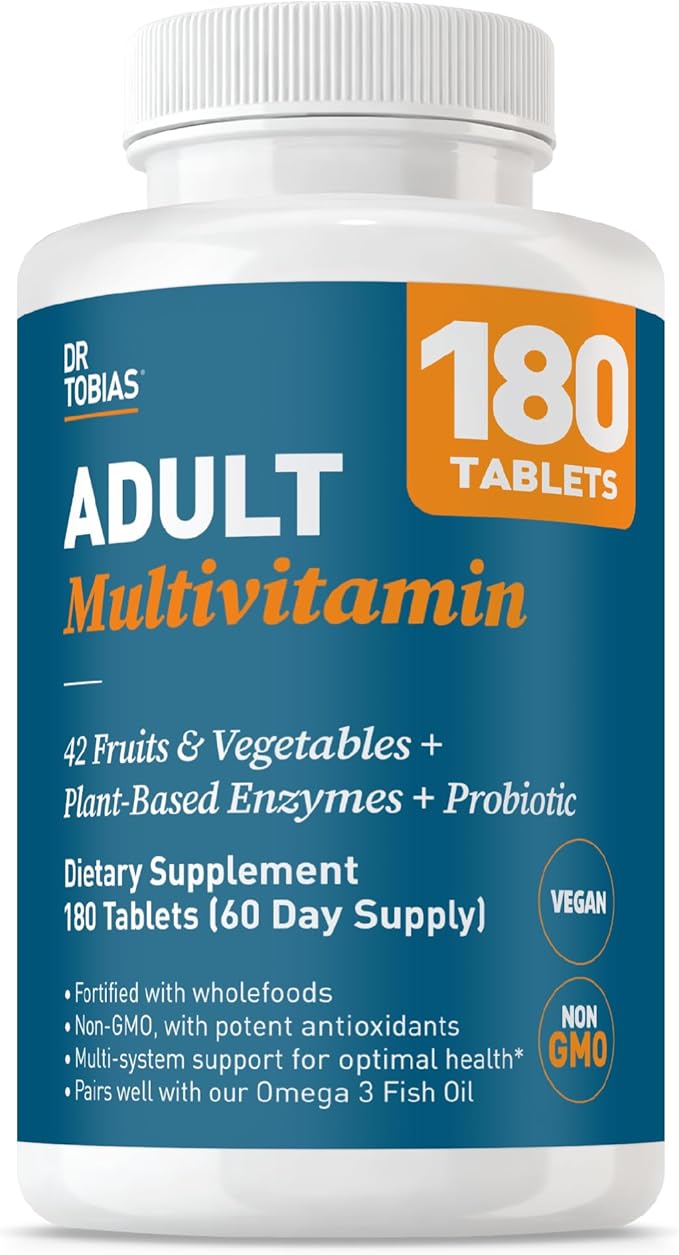 Dr. Tobias Adult Multivitamin for Women &amp Men Immune Supporting Vitamins from 42 Fruits Vegetables Plus Probiotics Vegan Multivitamins for Men &amp Women Non-GMO 180 Tablets 60 Servings