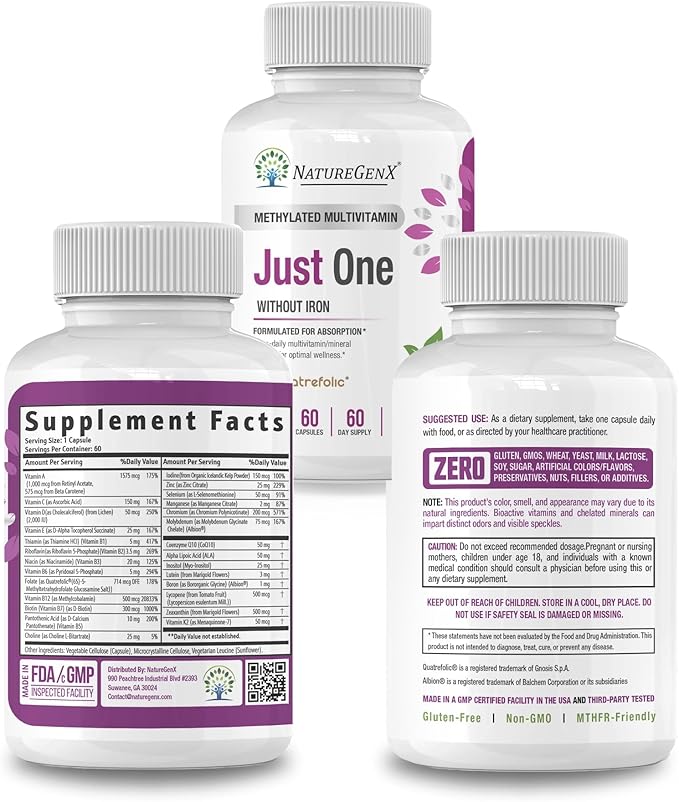 Just One Daily Methylated Multivitamin - 60 Caps Pure Methyl B12 Methylfolate MTHFR Support Supplement Iron Free Methylated Vitamins for Men &amp Women 2 Months Supply Gluten Free