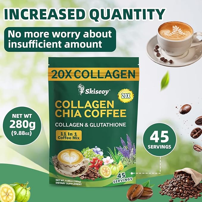 20x Collagen Chia Coffee - 11-in-1 Coffee Shape Mix with Collagen &amp Chia Seeds L-Glutathione for Skin Hair - Boost Energy and Improve Focus Vegan Friendly 45 Servings