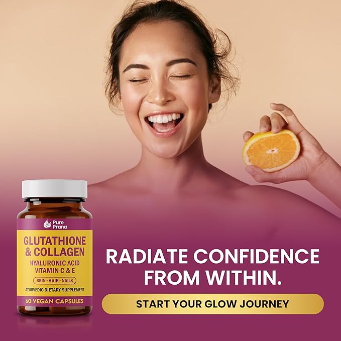 Pure Prana Glutathione &amp Vegan Collagen Builder Capsules with Hyaluronic Acid Vitamin C E Turmeric &amp Black Pepper - Plant Based Formula for Daily Skin &amp Hair Nail Care Support - 60 Caps