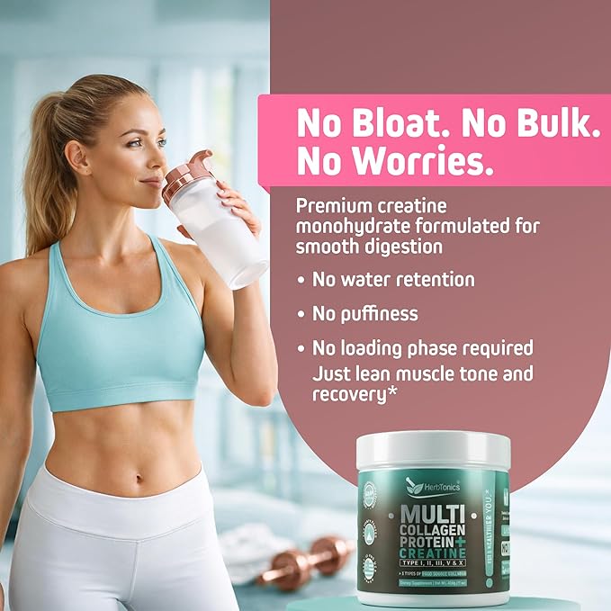 Herbtonics Creatine for Women 5000mg Creatine Monohydrate + Multi Collagen Protein Powder (Type I II III V X) – Lean Muscle Recovery &amp Skin Support – Grass-Fed No Bloat Unflavored – 30 Serv