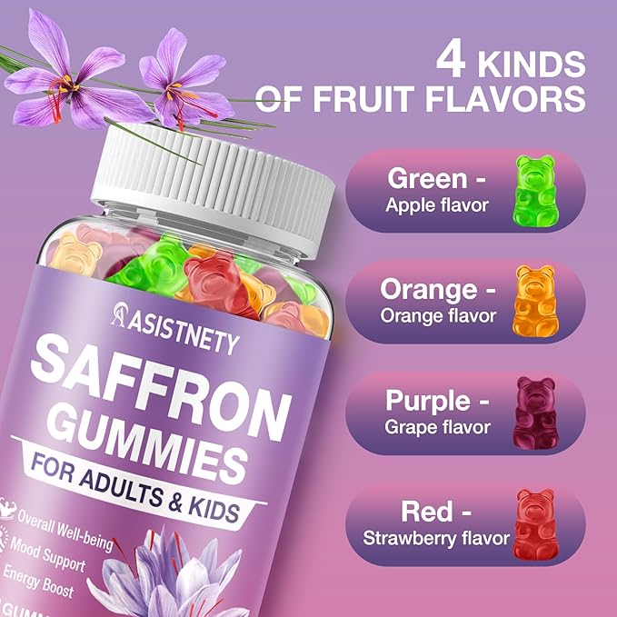 Saffron Gummies for Kids &amp Adults 88.5mg Saffron Extract Cαlm Focus &amp Mood Support Saffron Supplement with L-Theanine St.John's Wort Lemon Balm Magnesium Gentle Nerve &amp Rest Support