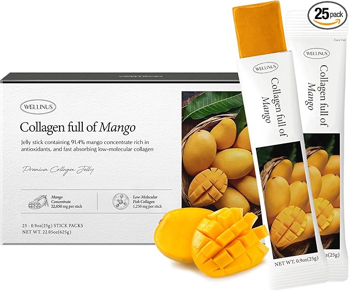 WELLINUS Korean Collagen Jelly Sticks - 25 Mango Flavored Marine Collagen Peptide Snacks for Anti-Aging- Collagen Protein Sugar-Free Travel Packs for Hair &amp Nail Strength