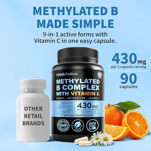 9-in-1 Methylated B Complex with Vitamin C B Complex B12 &amp L-5-MTHF - Vegan Non-GMO Gluten-Free &amp GMP-Certified Energy Brain &amp Wellness Daily Methylcobalamin Multivitamin (90 Servings
