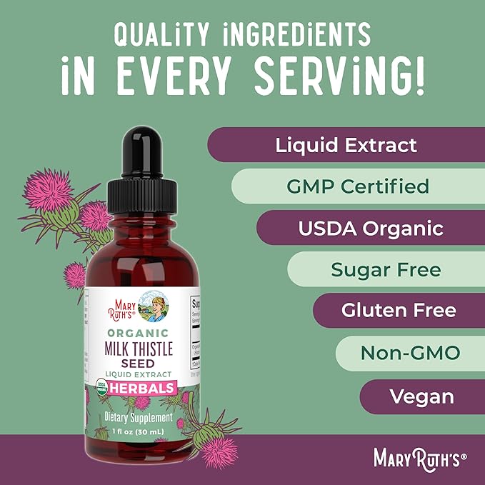 MARYRUTH'S Organic Milk Thistle Seed Liquid Extract Drops 1 fl oz | 1190 mg Milk Thistle Seed | Silybum marianum | Alcohol-Free | Vegan | USDA Organic | Non-GMO
