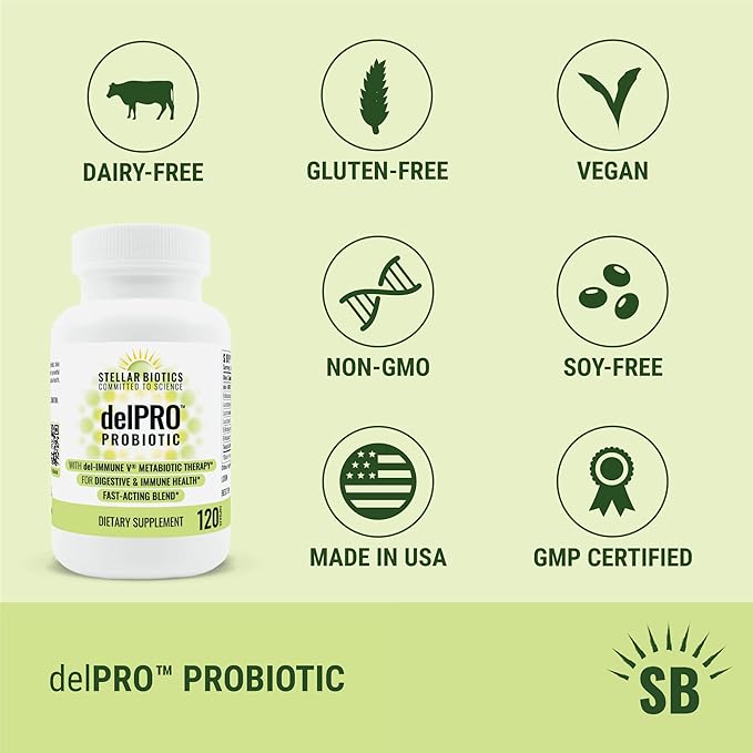 Del-Immune V® + Delpro Probiotic &amp Prebiotic Blend by Stellar Biotics - Promotes Optimal Gut Health Digestion Immune Support &amp Mood (120 Capsules)