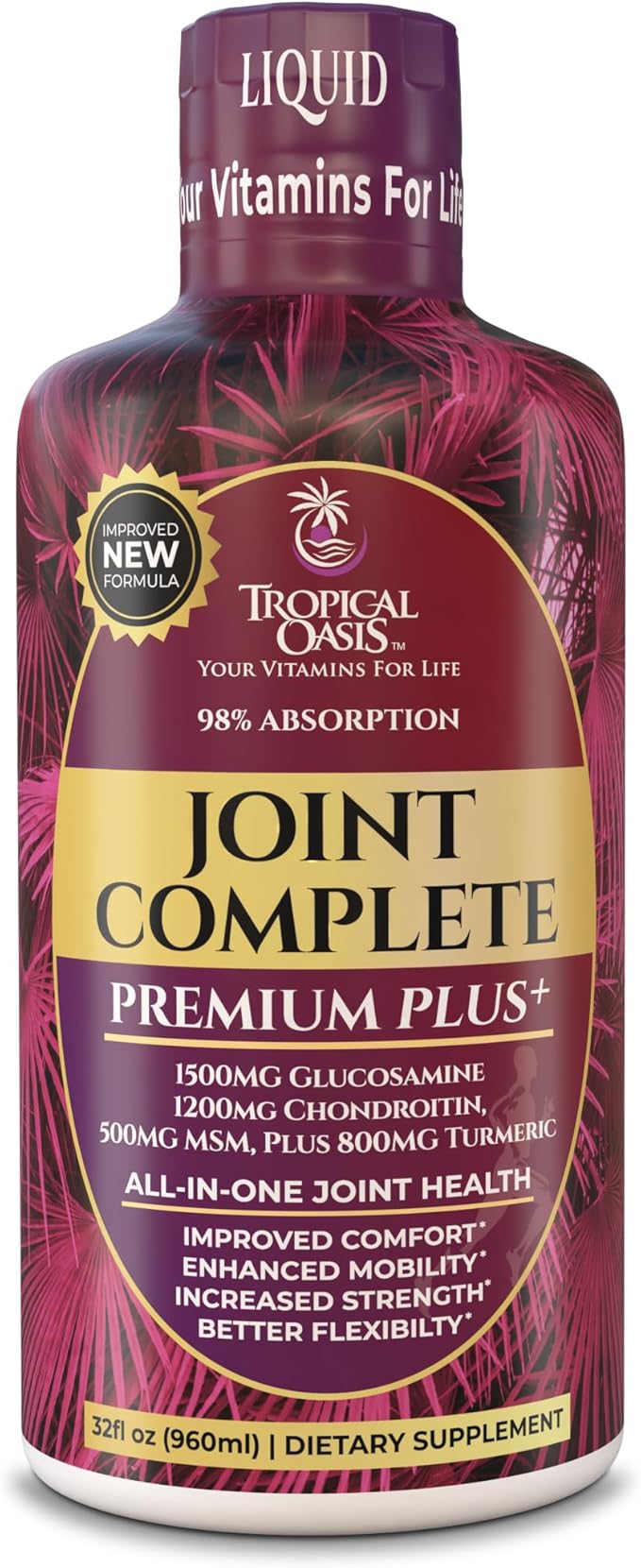 Joint Complete Premium Plus - Liquid Joint Supplement w/Glucosamine Chondroitin MSM Plus 800mg Turmeric – 98% Max Absorption – 32oz 32 serv