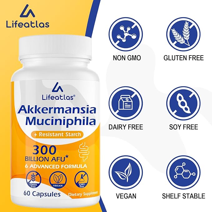 Lifeatlas Akkermansia Supplement Probiotic | Akkermansia with 300 Billion AFU Akkermansia Probiotic 6-in-1 Akkermansia Probiotics for Women and Men Daily Akkermansia Supplement 60 Caps