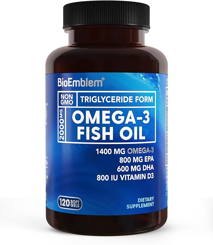 BioEmblem Omega-3 Fish Oil 2000mg - Small Size Softgels High Absorption Form Sustainable - 1400mg EPA &ampDHA Plus Vitamin D3 Non-GMO Heart Joint &amp Brain Health Fish Oil Supplement 120 Ct