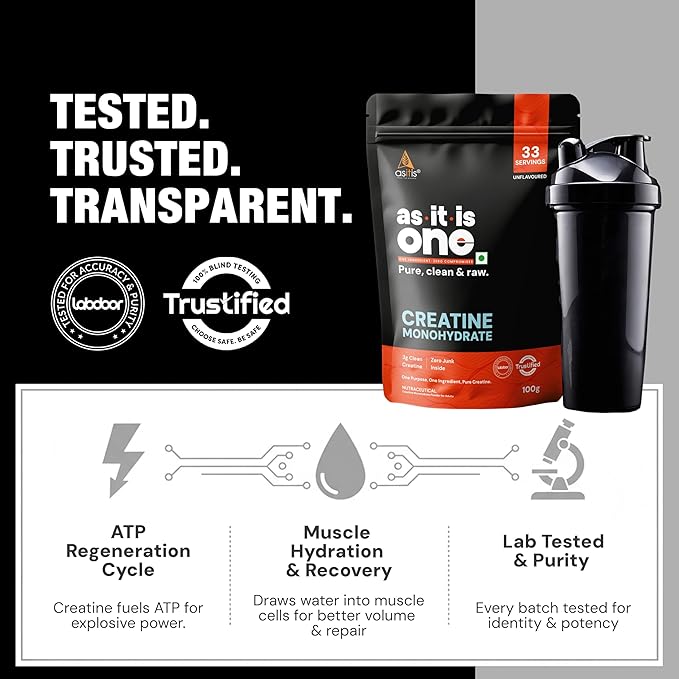AS-IT-IS Nutrition Creatine Monohydrate 100gms/3.5 Oz | USA Labdoor Certified for Accuracy &amp Purity Gluten-free No Preservatives Pre-and Post-workout Supplement