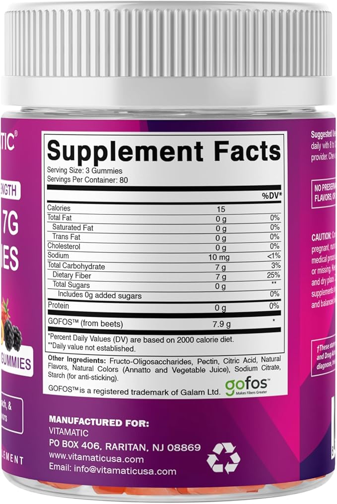 Vitamatic Prebiotic Fiber Gummies for Adults 7G Extra Strength Zero Sugar Added 240 Pectin Based Gummies Digestive Health &amp Regularity Support