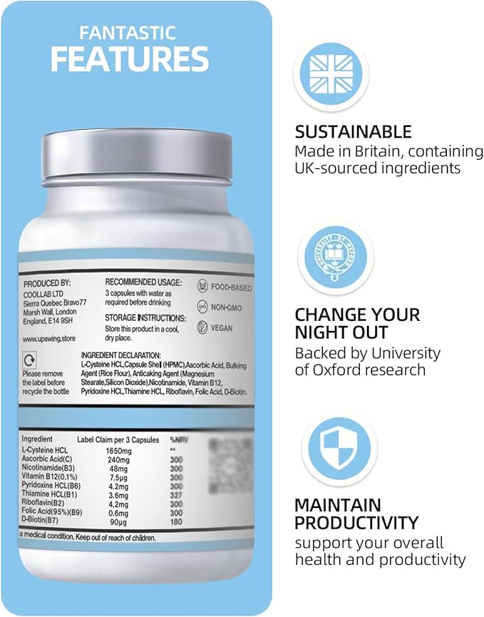 Upswing Pre &amp Post Drinking Supplement Liver Support for Better Mornings Party Recovery &amp Prevention with L-Cysteine HCL Vitamin Bs Vitamin C- 60 Power Pack
