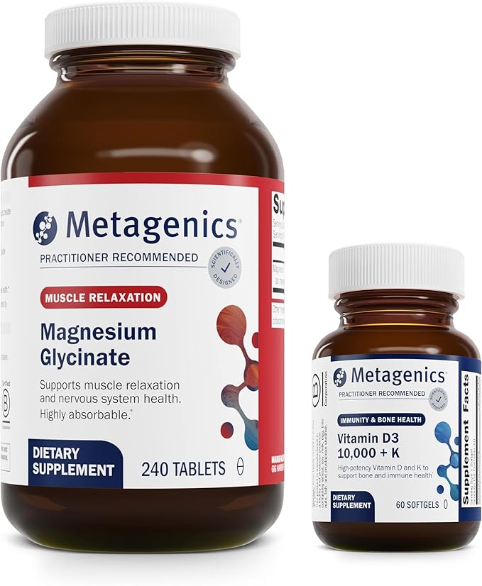 Metagenics Bundle - Magnesium Glycinate &amp D3 10000 + K - 240 Tablets of Magnesium Glycinate for Nervous System Support - 60 Softgels of D3 10000 + K for Immune Support Bone Health &amp Heart H