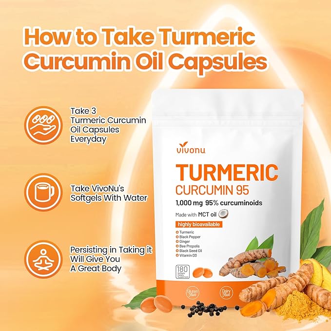 10-in-1 Turmeric Supplement Softgels 95% Curcumin for 1000mg Made Mct Oil 60-Day Supply with Black Pepper Ginger Propolis Powder Black Seed Oil Saw Palmetto Oil Zinc Vitamin D3 E More 2 Bag