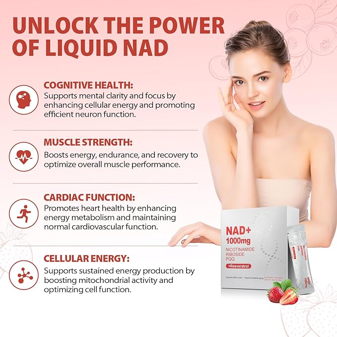 1000mg High-Potency NAD Liquid Supplement Nicotinamide Riboside &amp Resveratrol with PQQ Boosts Cellular Energy Focus &amp Healthy Aging - 2 Pc