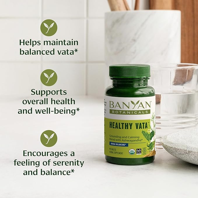 Banyan Botanicals Organic Healthy Vata –Grounding &amp Stability Supplement–with Ashwagandha Shatavari &amp Mucuna–Natural Support for Restful Sleep Dryness &amp Scattered Thoughts-90 Tablets-USD