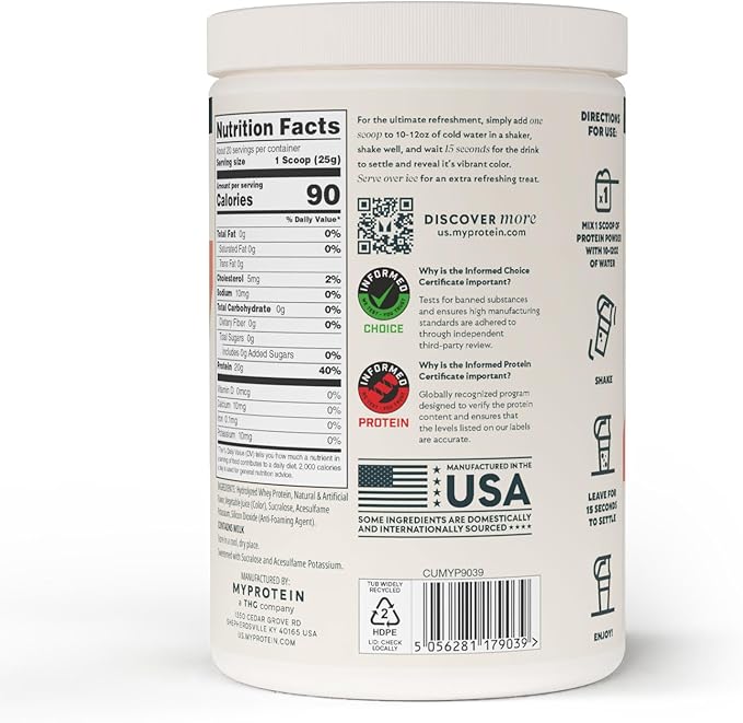Myprotein Clear Whey Isolate Protein Powder 20 Servings (1.1lbs) Tropical Dragonfruit 20g Protein per Serving Naturally Flavored Drink Mix Daily Protein Intake for Superior Performance