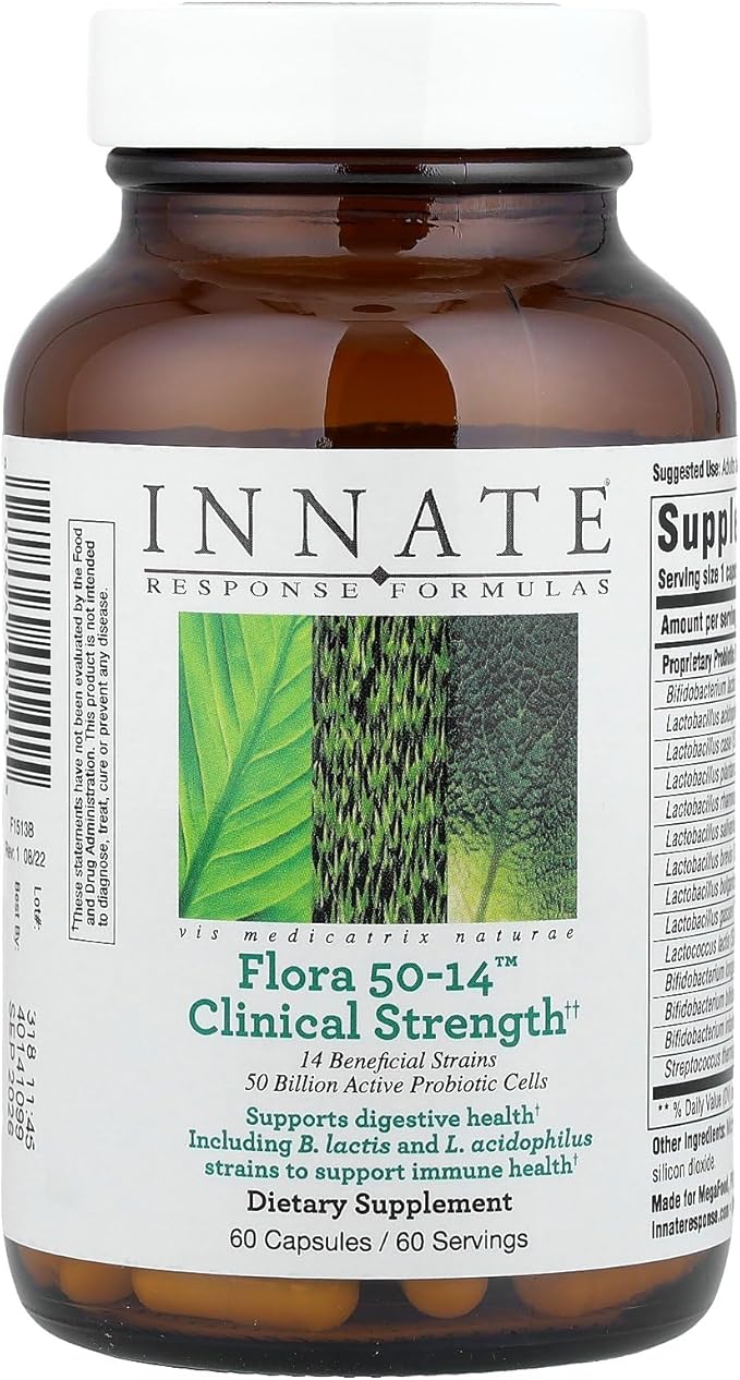 Innate Response Formulas Flora 50-14 Clinical Strength - Probiotic Supplement with 50 Billion CFU - 14 Probiotic Strains - Vegetarian and Non-GMO - Made Without 9 Food Allergens - 60 Capsules