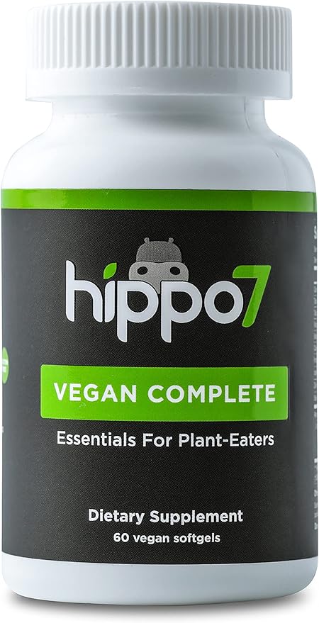 Hippo7 Vegan Complete Multivitamin Vitamin B12 Vitamin D Omega-3 DHA+EPA Calcium Iodine Zinc &amp Iron. (1 Bottle 60 Softgels)