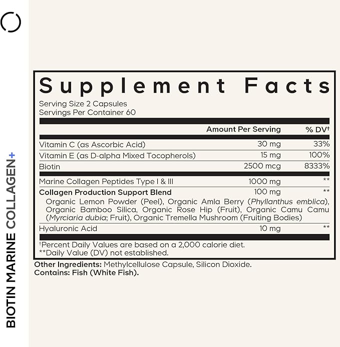 Codeage Biotin Marine Collagen Peptides - Wild-Caught Marine Collagen Types I &amp III Biotin Vitamins C &amp E Hyaluronic Acid Amino Acids Fruit and Herb Blend Non-GMO - 120 Capsules