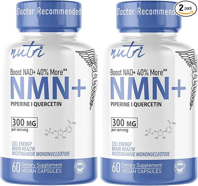 Nutri NMN Supplement 300mg NAD Supplement - (2 Pack) Ultra High Absorption Nicotinamide Mononucleotide 40% More NAD+ with Quercetin Phytosome &amp Black Pepper - 120 Capsules - 3rd Party Tested