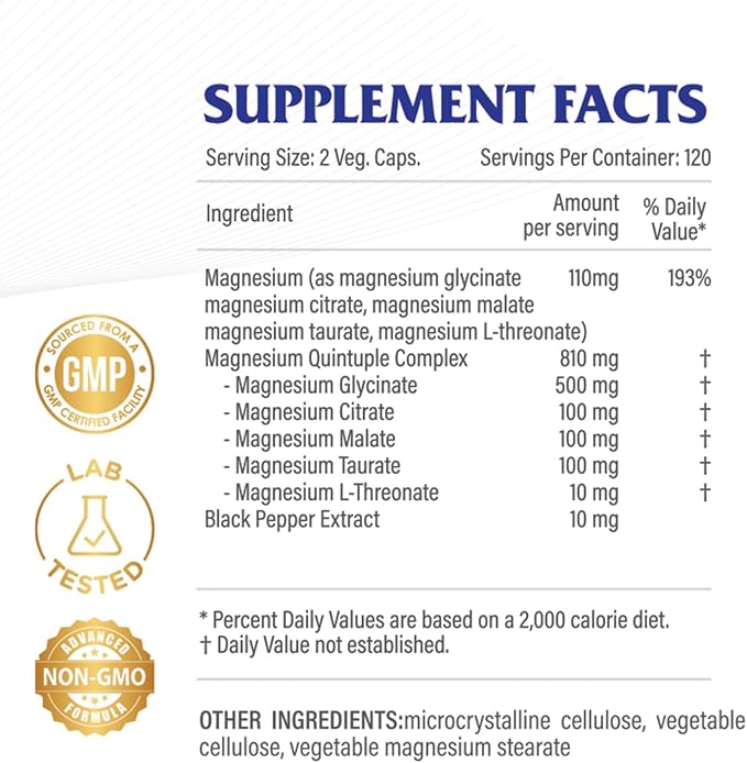 Five-Form Magnesium Complex 820mg High Absorption with GlycinateCitrate MalateTaurate &amp L-Threonate for Sleep Mood Muscle Relaxation &amp Nerve Function – Vegan Non-GMO Made in USA – 240 C