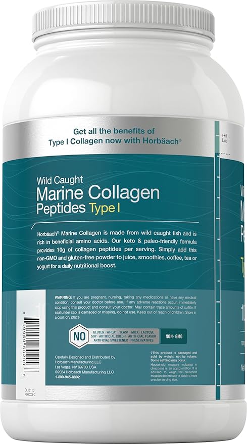 Horbäach Marine Collagen Peptides Powder 2.2 lb | for Skin Hair and Nails | Type I Hydrolyzed Fish Collagen | Unflavored | Keto Paleo Non-GMO Gluten Free Supplement