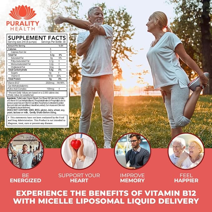 PURALITY HEALTH Micelle Liposomal Liquid Vitamin B12 with Fulvic Acid 2500 mcg. Combined Methylcobalamin with Organic Glycerin Extract Maximum Absorption Energy Boost Vegan Friendly
