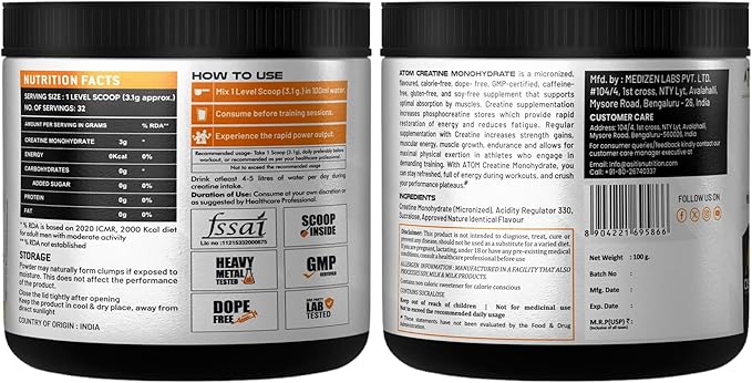 AS-IT-is Atom Creatine Monohydrate 100g - 32 Servings | Dope Free | Enhances Performance | Promotes Muscle Gains | Coffee Fusion Flavour