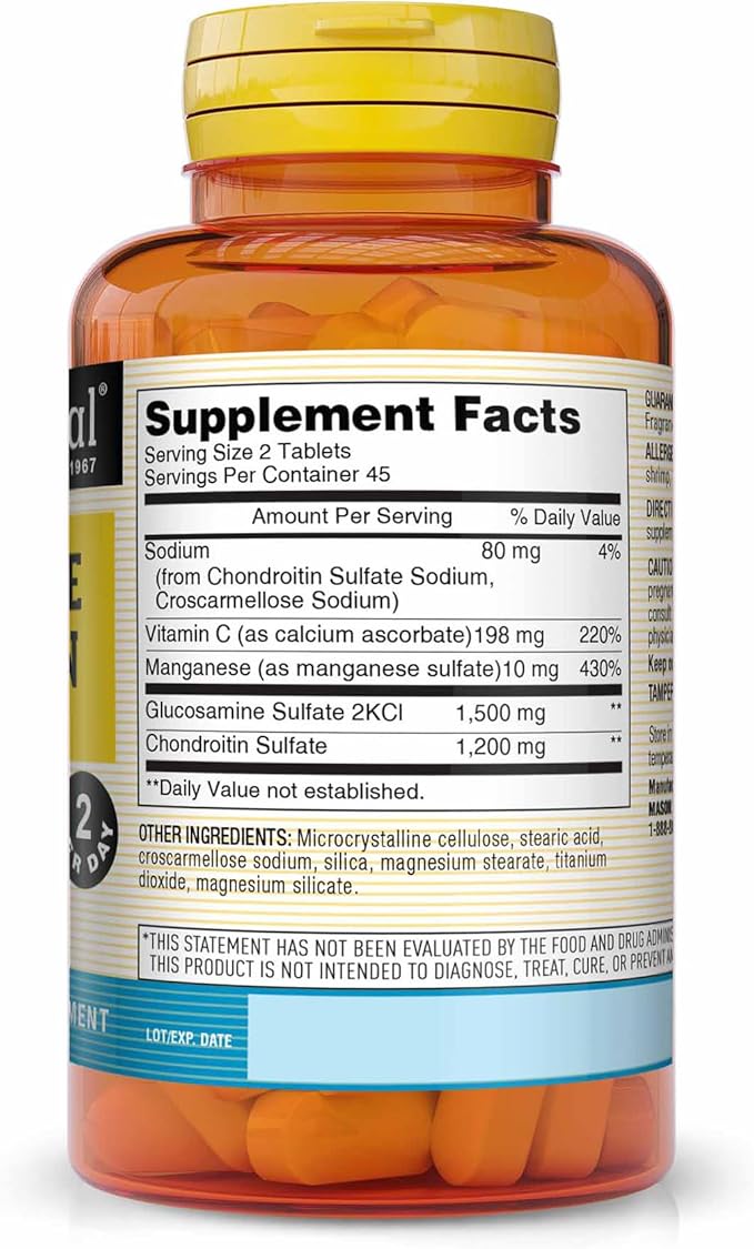 MASON NATURAL Glucosamine Chondroitin 1500/1200 2 Per Day with Vitamin C - Supports Joint Health Improved Flexibility and Mobility* 90 Capsules