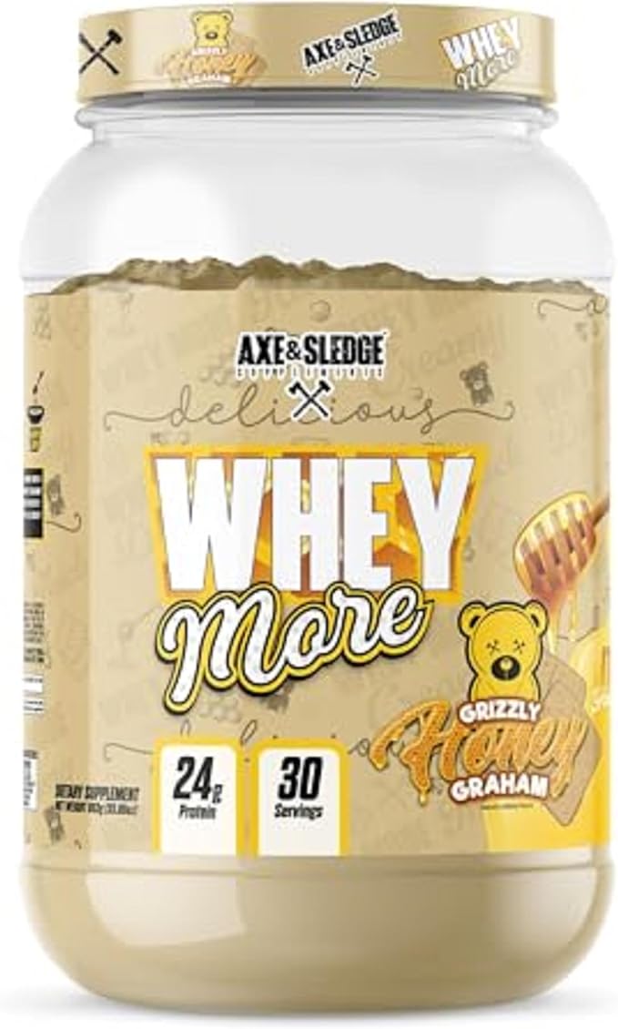 Axe &amp Sledge WHEY More Premium Protein Blend | 24g Protein Whey Concentrate &amp Isolate | Prebiotic Fiber for Enhanced Absorption | Creamy Delicious Versatile | 30 Servings Honey Grizzly Gra