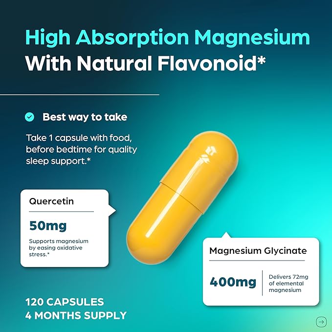 Magnesium Glycinate 400mg High Absorption Capsules with Quercetin | Quality Sleep Relaxation &amp Muscle Health Supplement for Women and Men | Chelated Magnesium 120 Count (Pack of 2) | Easy to Swal