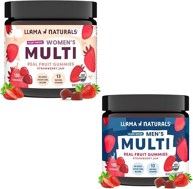 Llama Naturals Men and Women Multivitamin Vegan Organic Gummies with Vitamin D C and K Real Fruit Gummy Vitamins Chewable Multivitamin Supplement Strawberry 120 Ct