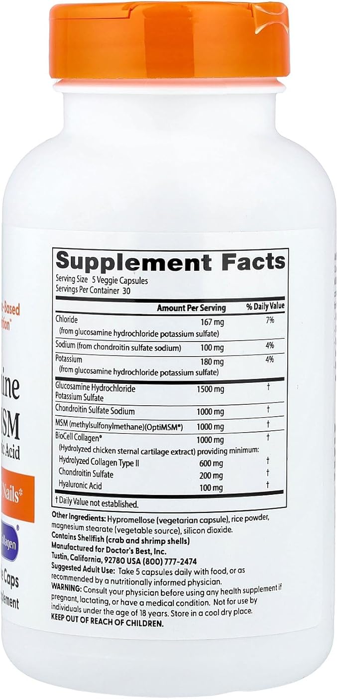 Doctor's Best Glucosamine Chondroitin MSM + Hyaluronic Acid with OptiMSM Featuring Biocell Collagen Joint Support Non-GMO Gluten &amp Soy Free 150 Caps