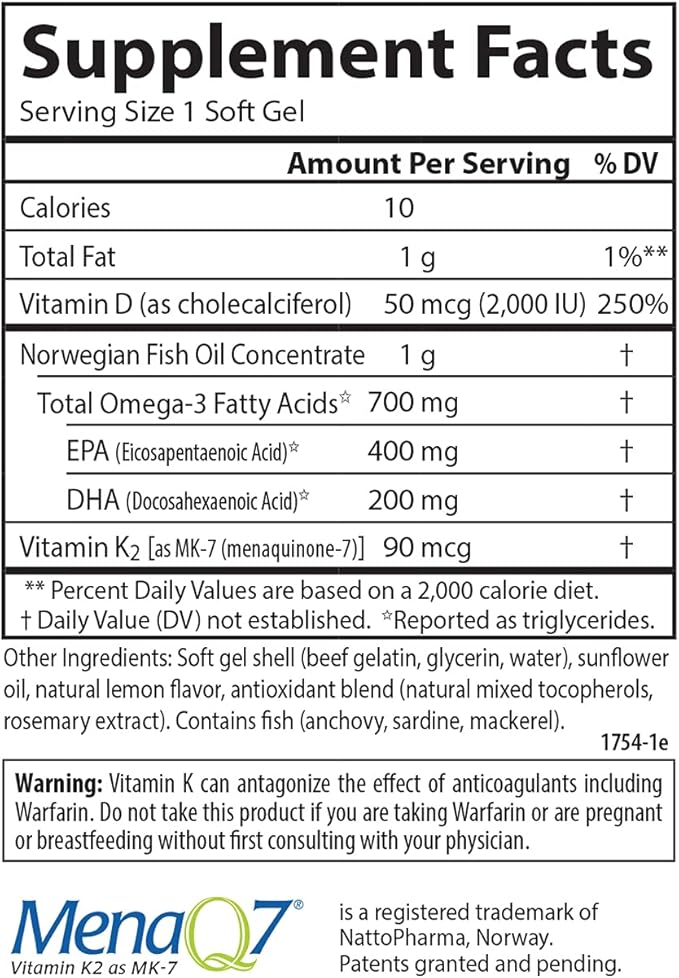 Carlson - Elite Omega-3 Plus D &amp K 700 mg Omega-3s + D3 &amp K2 Function Bone Health &amp Immune Support Lemon 60+30 Softgel