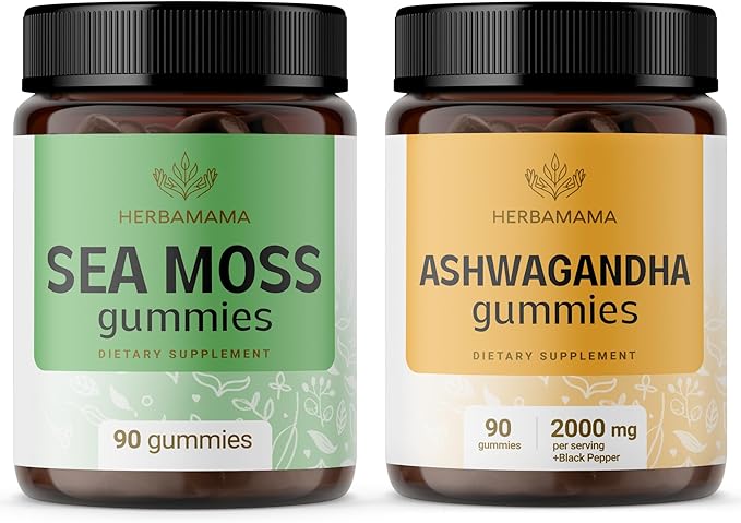 HERBAMAMA Sea Moss and Ashwagandha Kit - Bundle of 1600 mg Sea Moss with Bladderwrack &amp Ashwagandha Root Gummies - Vegan Non-GMO Gelatin-Free - 2 Pack